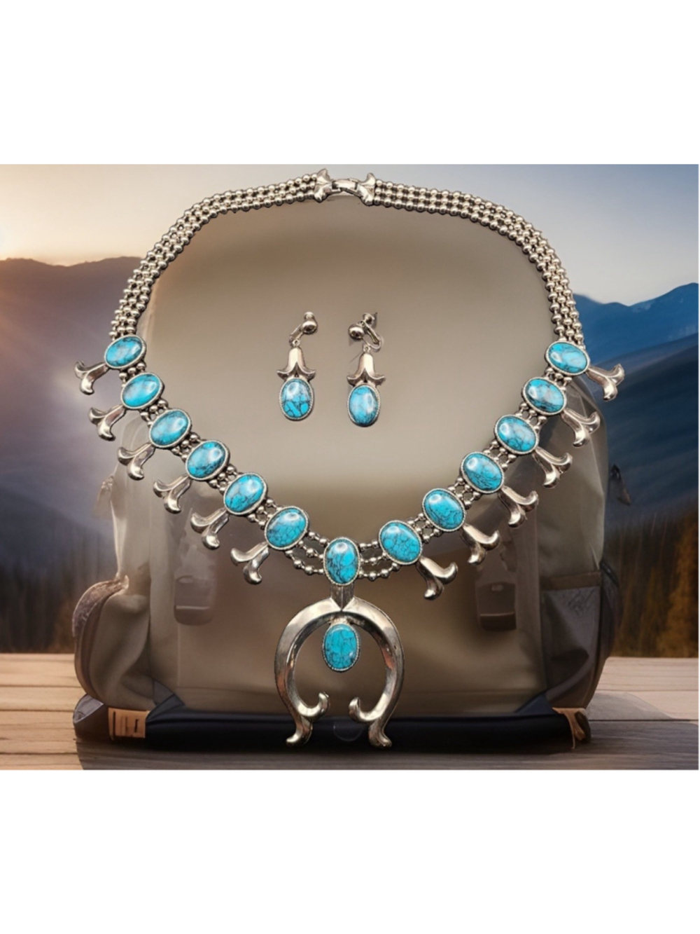 Vtg Goldette Signed Squash Blossom Necklace& Earring Set Turquoise blue silver - Picture 4 of 8